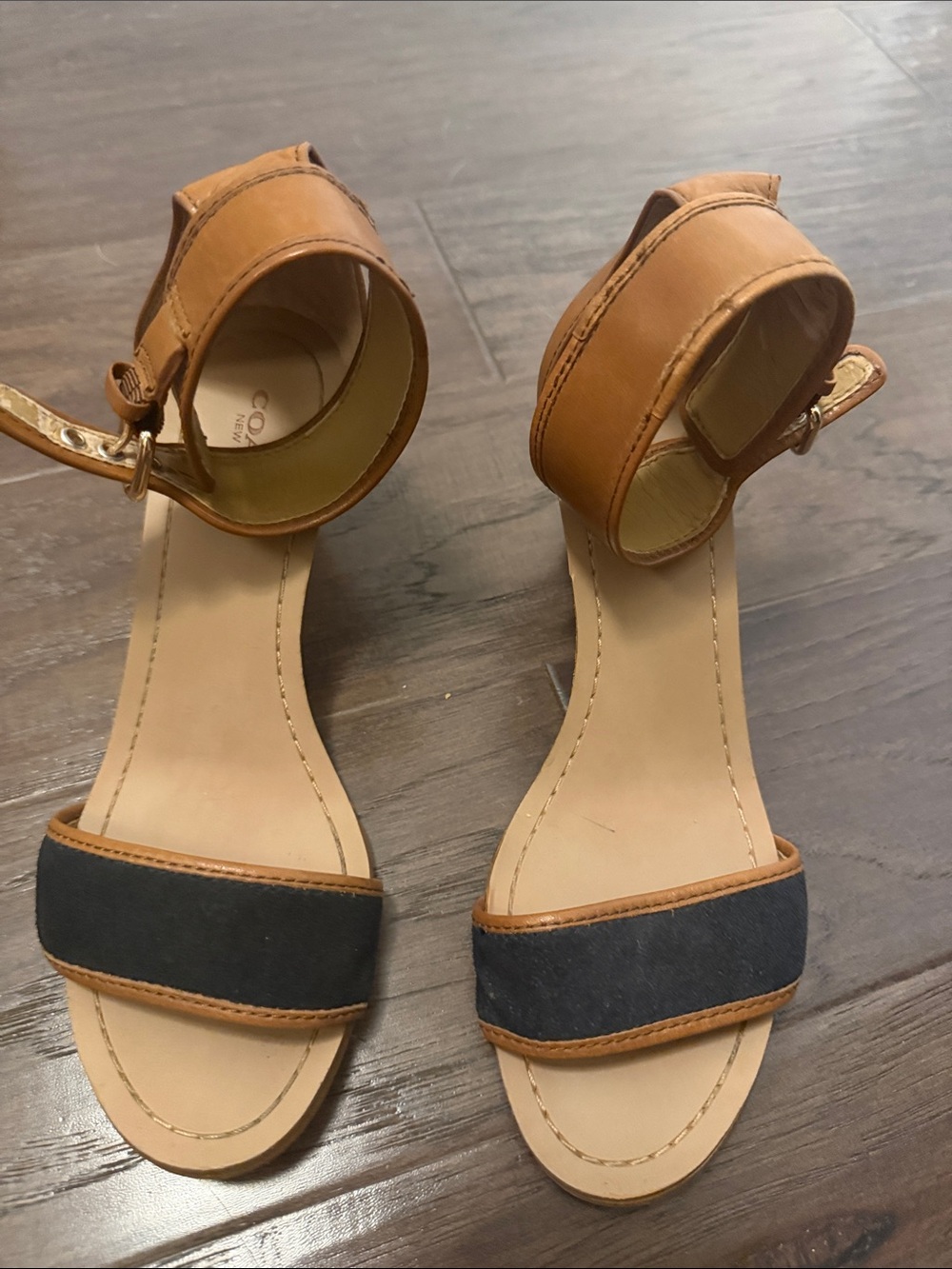 Coach Tan Leather & Navy Strap Wedge Sandals